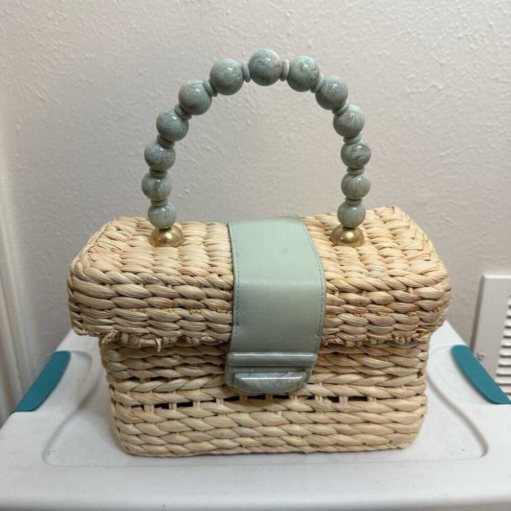 BTB Los Angeles Marble Beaded Top Handle Box Straw Bag Beach Vacation - Picture 2 of 6